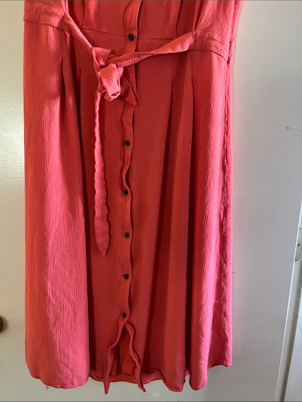 LOFT Coral-Orange Button-Front Midi Dress with Waist Tie - Picture 4 of 6